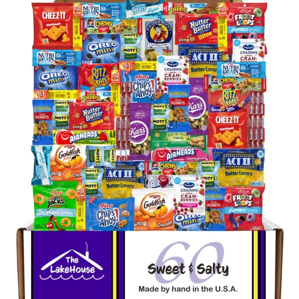 LakeHouse Salty Sweet 60 Snack Box - Snacks Variety Pack for Adults Inmates Soldiers - College Care Package Gift Basket - Office Snacks - Snack Packs