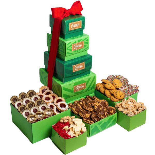 Holiday Delight Gift Tower Gluten Free - Deluxe Holiday Gift Tower with Gourmet Biscotti, Cookies, Popcorn, Sweets, Fruit & Nuts Prime Holiday Gift | Cookie Gift Basket (Green)